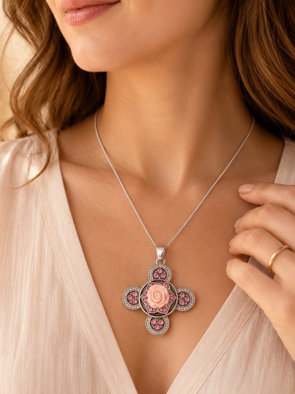 Pink Rhinestone Snap Pendant Necklace Rose Blue Crystal Sterling Chain